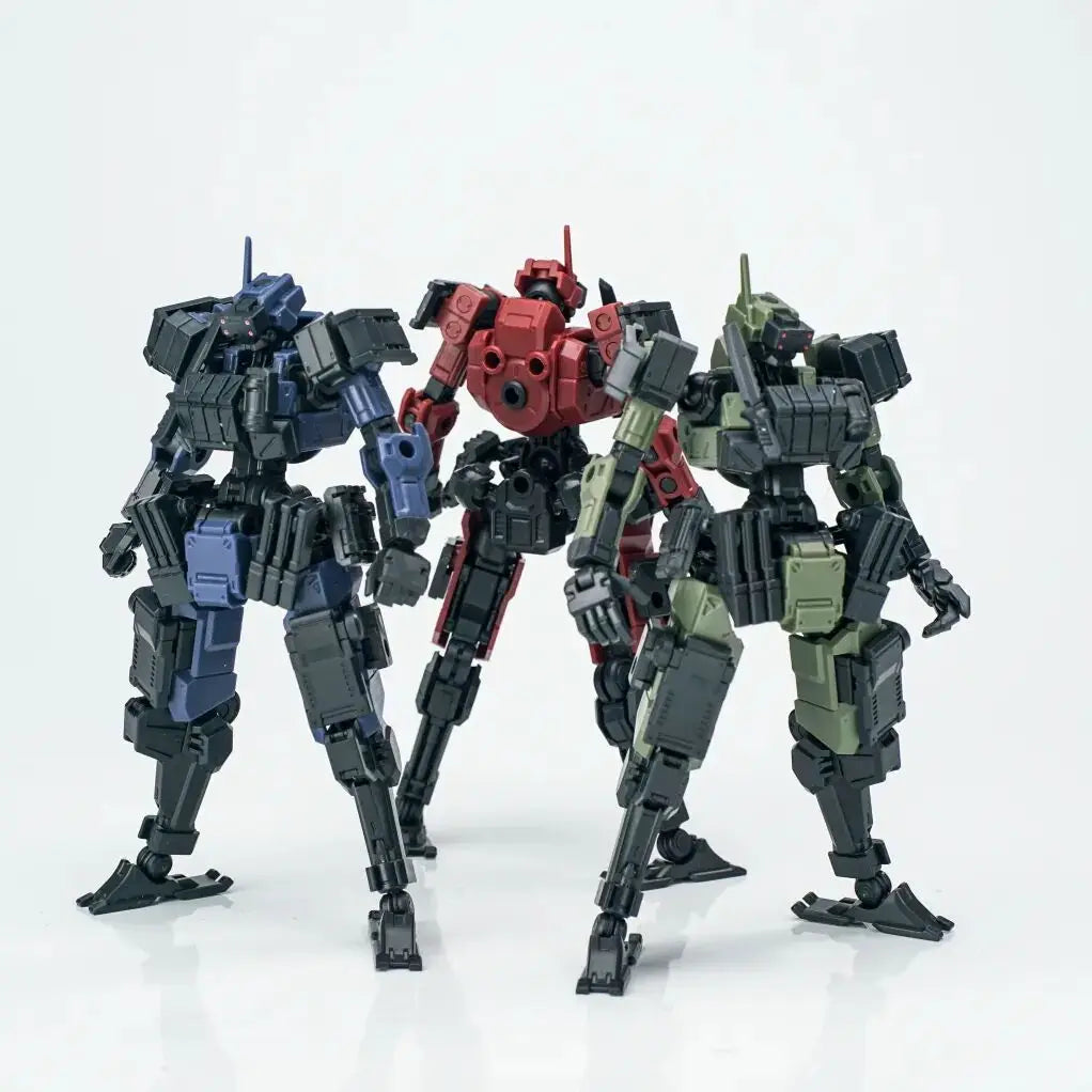 A set of five 1/18 scale FENRIR A6 Assault Type Mecha model kits in various dark and red colors.