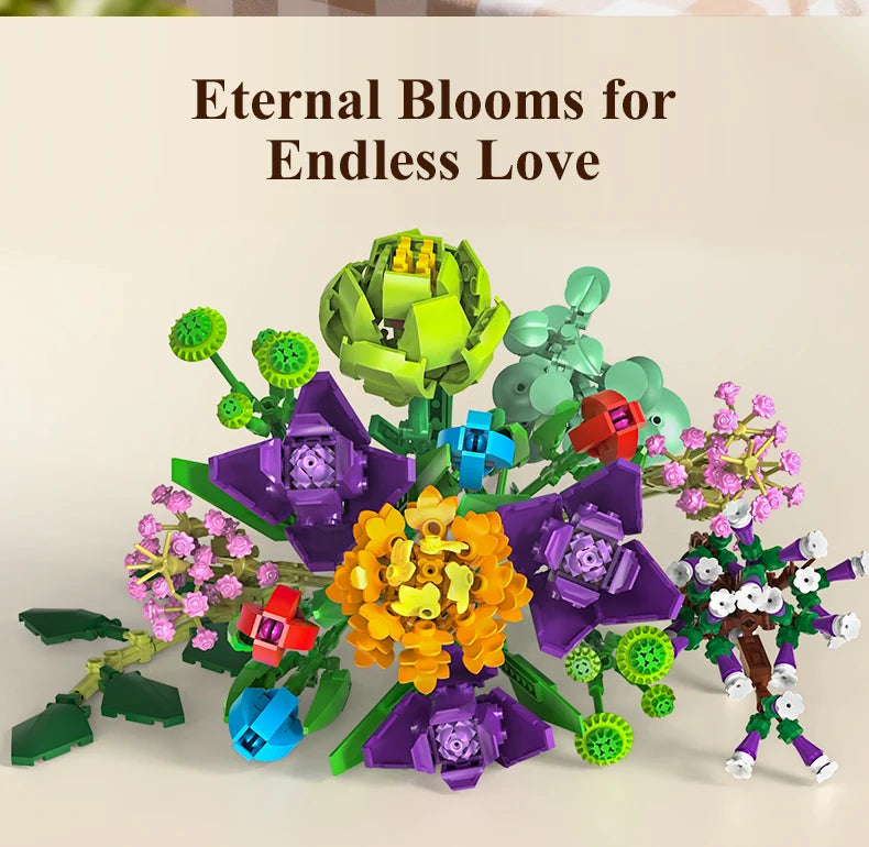 A colorful building block set depicting various flowers and greenery for an eternal blooms bouquet.