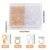 Clear plastic storage box containing various gold and silver lobster clasps and open jump rings for jewelry making