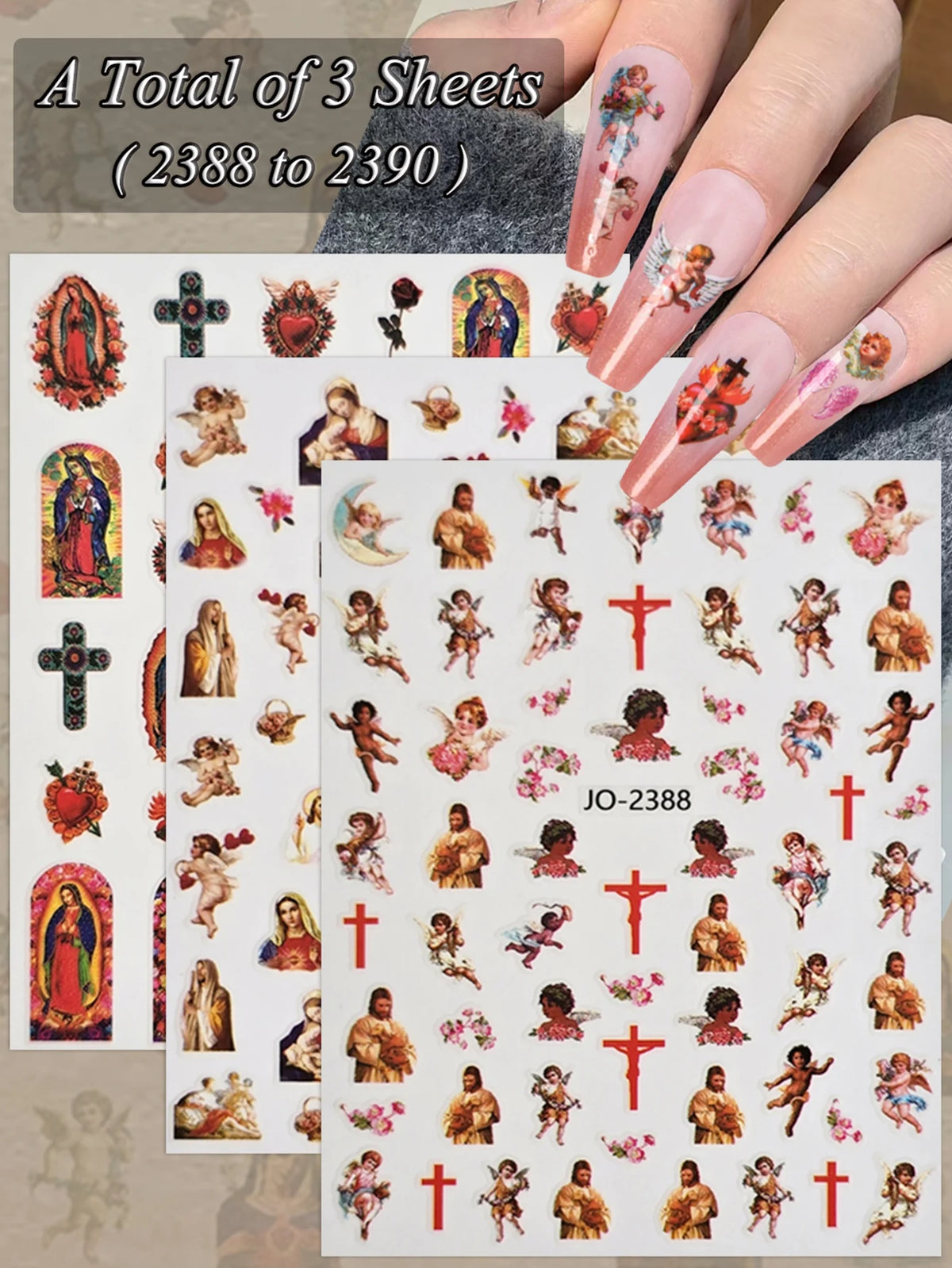A total of three sheets of vintage angel and saint nail art stickers featuring cherubs and crosses.