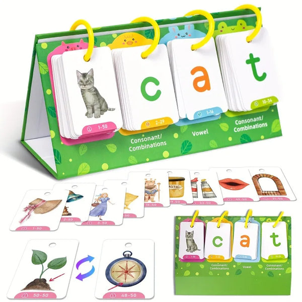 A set of green sight word flash cards featuring the letter C and various words for preschool learning