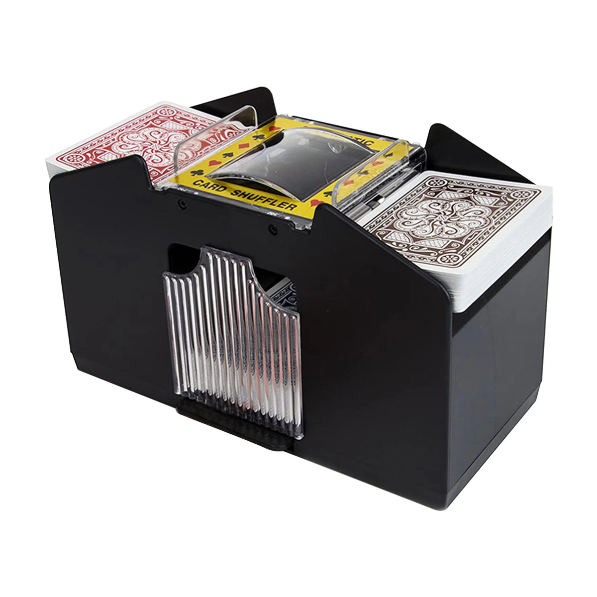A black automatic card shuffler device with a clear dispenser tray and a stack of playing cards.