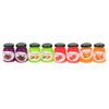 A set of miniature ceramic jam jars in various fruit colors including plum, lime green, and red apricot.