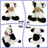 A soft cuddly cow plush toy in black and white with brown accents shown from the front, side, and back angles.
