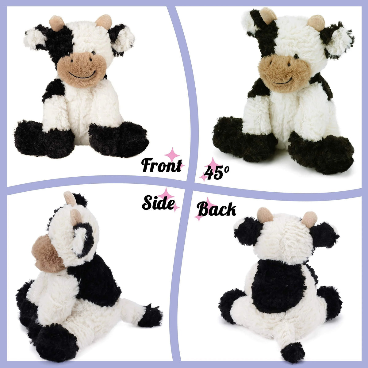 A soft cuddly cow plush toy in black and white with brown accents shown from the front, side, and back angles.
