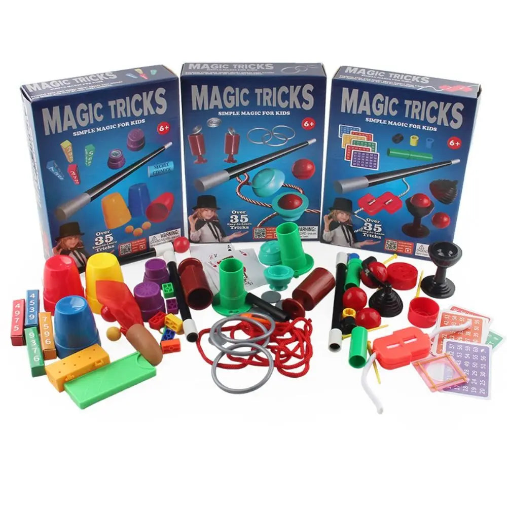 A box set of Magic Tricks for Kids containing various props and an instruction manual.
