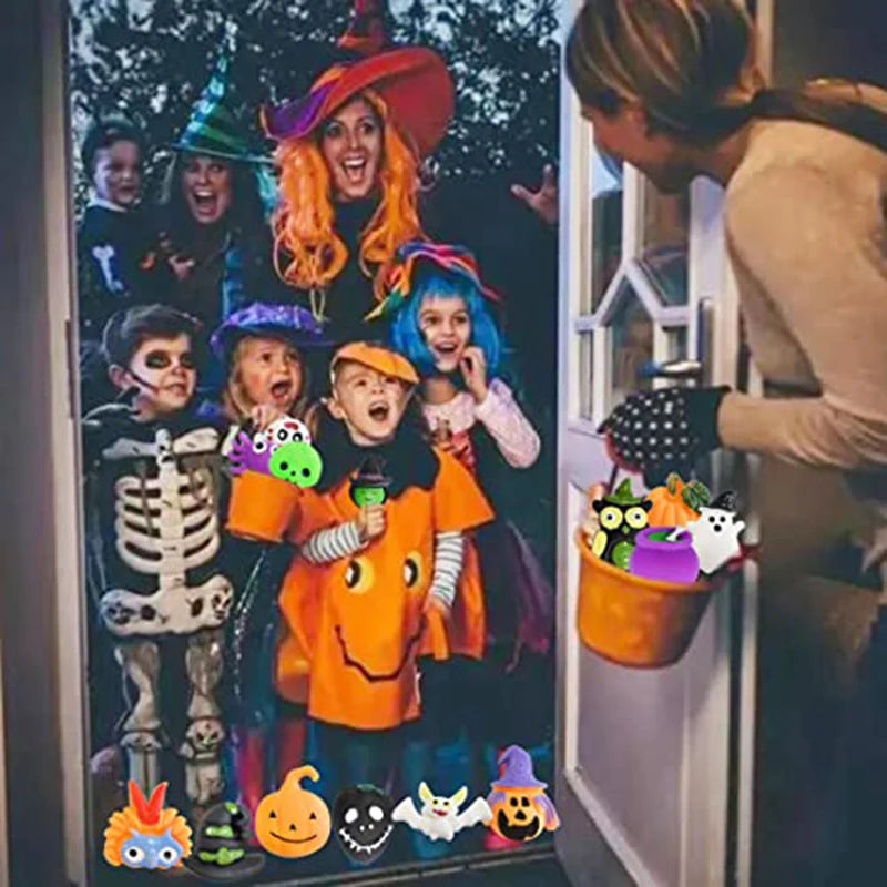 A collection of Halloween squishies and stress relief toys featuring various spooky characters and designs.