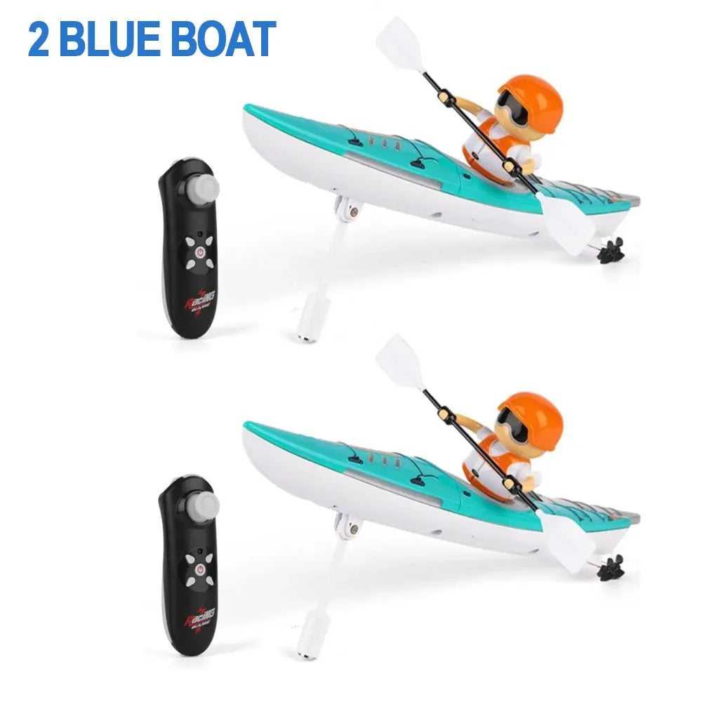 A bright blue RC boat with a driver figure is shown in a racing pose.
