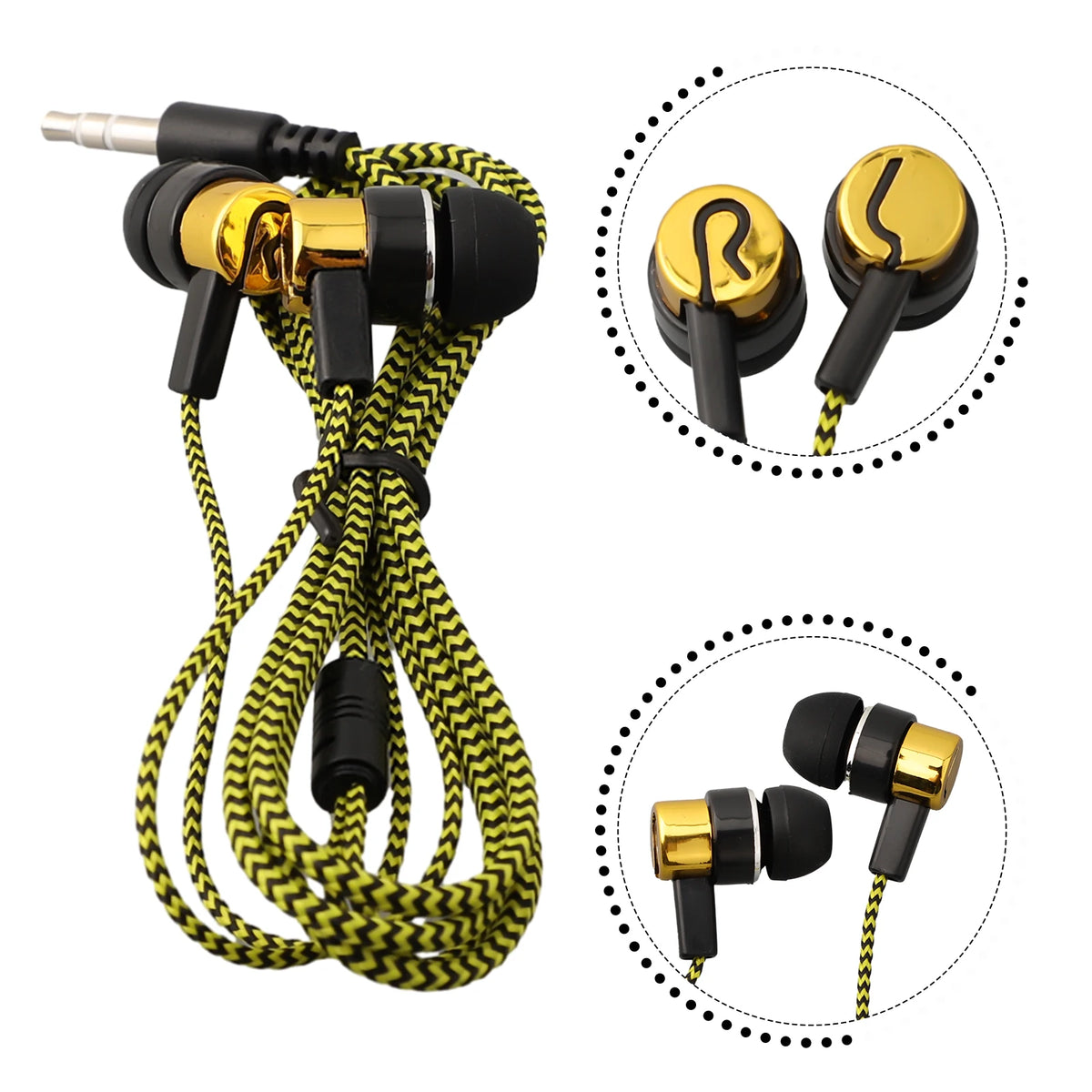 A set of wired in-ear earbuds with black and gold accents shown with separate components and a coiled cable.