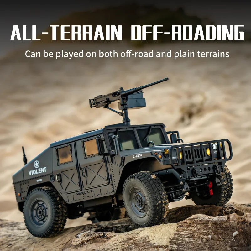 A dark gray 1:12 scale RC off-road climbing vehicle is positioned on a rocky terrain.