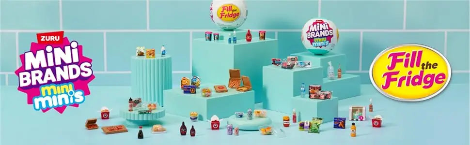 A collection of colorful Mini Brands toys and accessories displayed on a light blue surface.