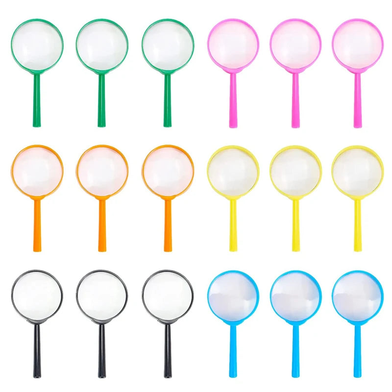 A collection of various sized and colored magnifying glasses for kids