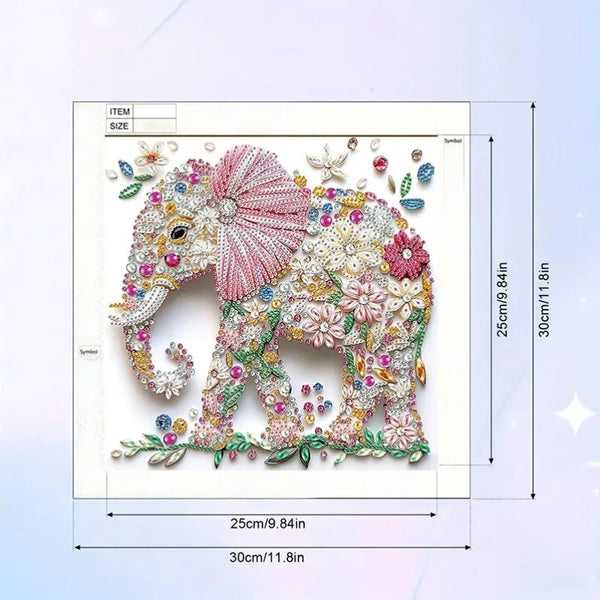 Diamond painting kit featuring an elephant adorned with pink and white flowers and sparkling details.