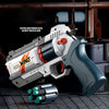 A white and gray foam bullet toy pistol with a rapid deformation burst revolver action is displayed on a dark surface.