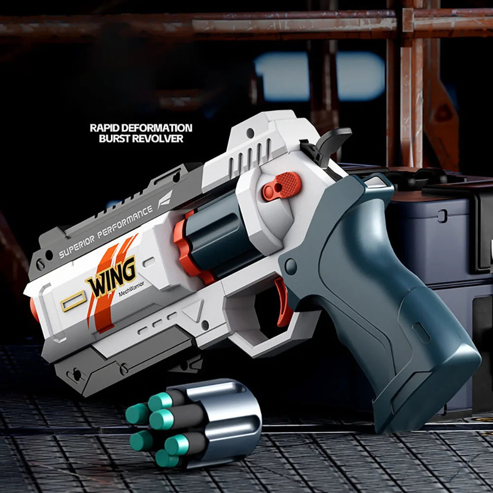 A white and gray foam bullet toy pistol with a rapid deformation burst revolver action is displayed on a dark surface.