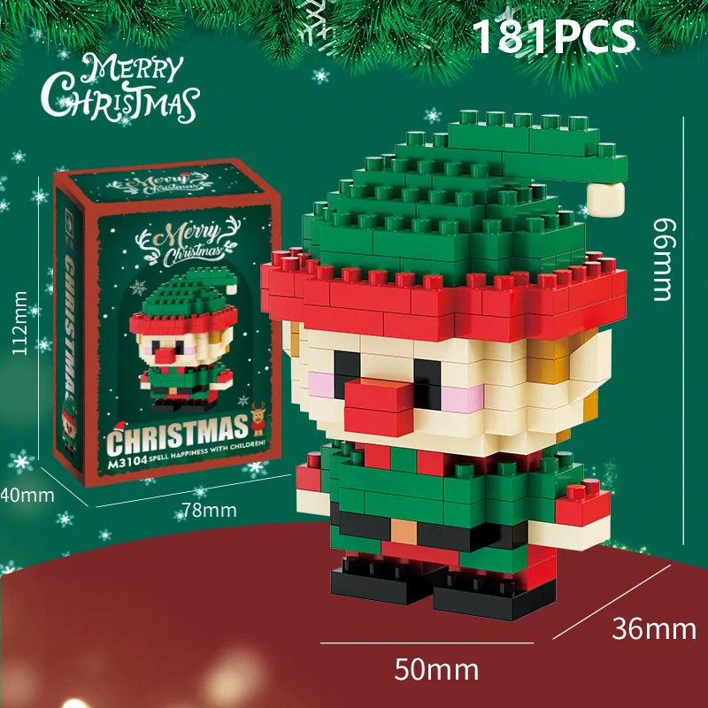 A green and red Santa figure made of interlocking plastic building blocks with a festive Christmas theme.