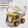 A yellow 1:64 scale remote control truck with a dump cargo feature is shown.