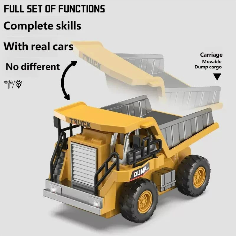 A yellow 1:64 scale remote control truck with a dump cargo feature is shown.