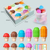 A set of ten ice cream cones in various colors and flavors used for an early learning sorting toy.
