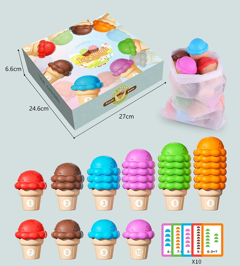 A set of ten ice cream cones in various colors and flavors used for an early learning sorting toy.