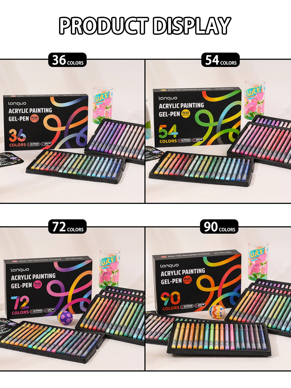 Display of Languo Acrylic Painting Gel-Pen sets in various color counts, including 36, 54, 72, and 90 colors.