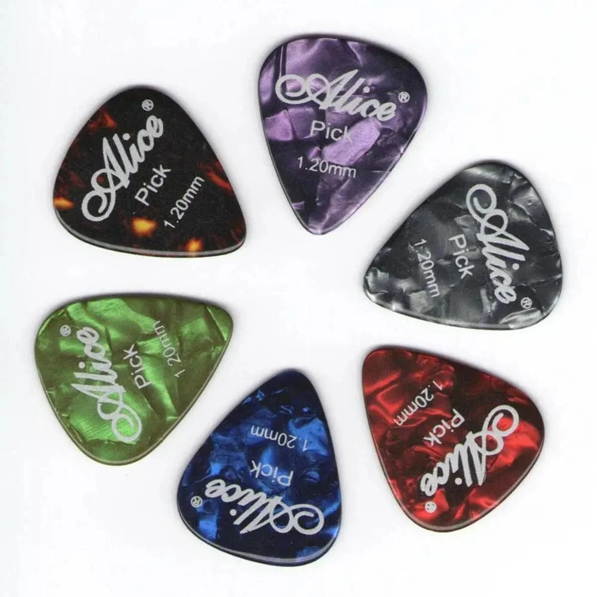 Six guitar picks made of colored celluloid, including purple, black, green, and red varieties.