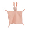 A soft pink cotton muslin baby comforter blanket shaped like a bunny with long ears.