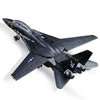 A black military fighter jet building block set featuring models of the F14 Tomcat, SU57, and SU35.