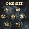A collection of various sized glow dice, including triangular, cubic, and dodecahedral shapes, displayed against a dark backg