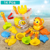 A set of 14 yellow and orange plastic beach toys including a bucket, shovel, and various sea creatures for kids.