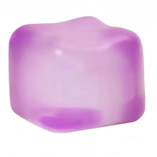 A square, translucent purple slow-rebound ice cube squishy stress toy.