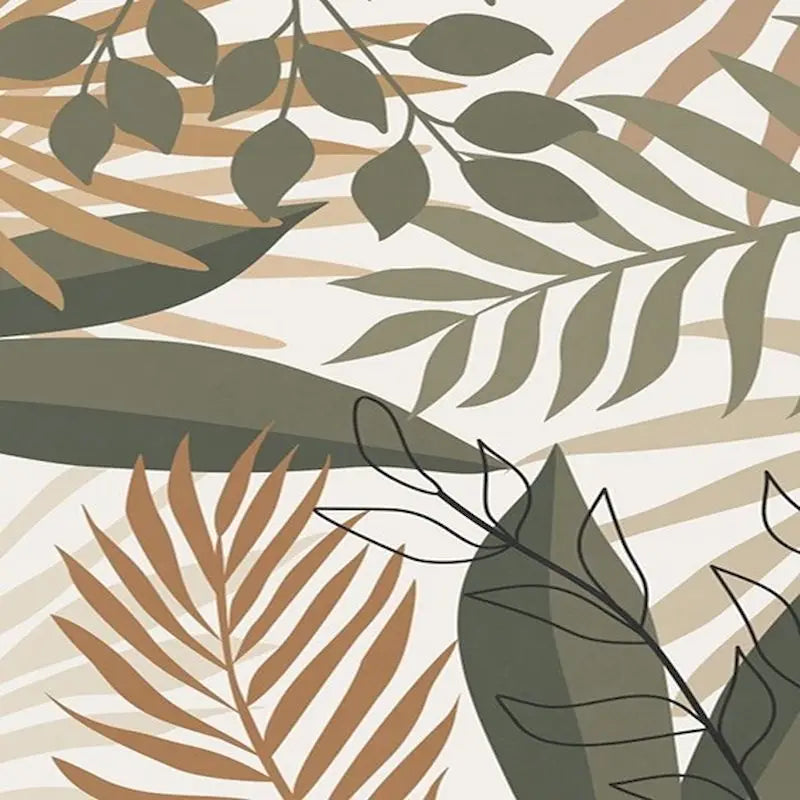 A watercolor-style painting featuring various shades of olive green, beige, and brown leaves on a light background.