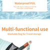 A multi-functional washable bag for travel storage shown next to a swimsuit and a wet bag.