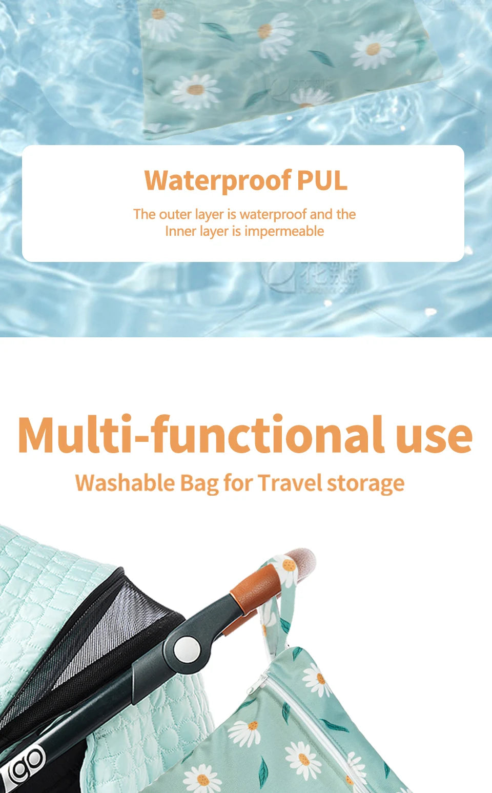 A multi-functional washable bag for travel storage shown next to a swimsuit and a wet bag.