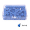 A clear plastic container filled with 100 blue linking cubes for early math learning.