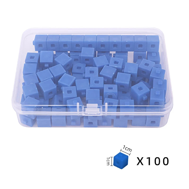 A clear plastic container filled with 100 blue linking cubes for early math learning.