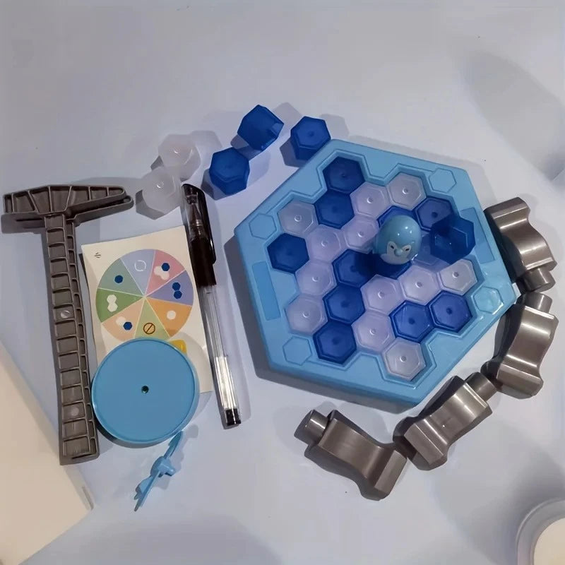 A portable family party game featuring blue and white ice tapping elements, including a wooden hammer, plastic pieces, and a 
