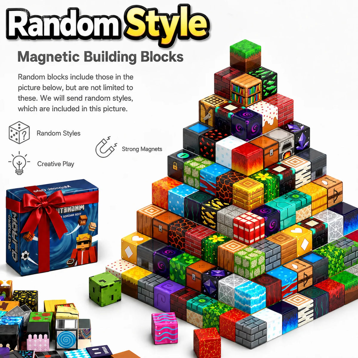 A pyramid of colorful magnetic building blocks and various small accessories for construction play