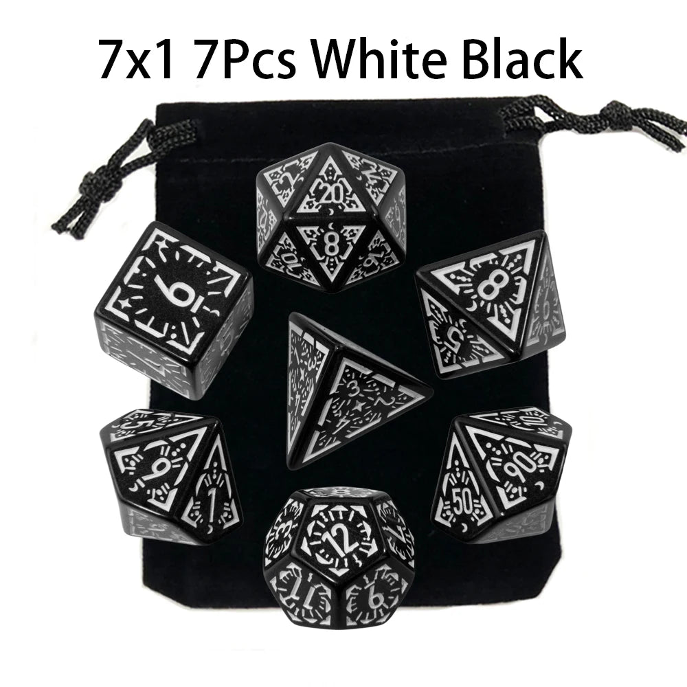 A set of seven polyhedral dice in white and black are displayed inside a black pouch.