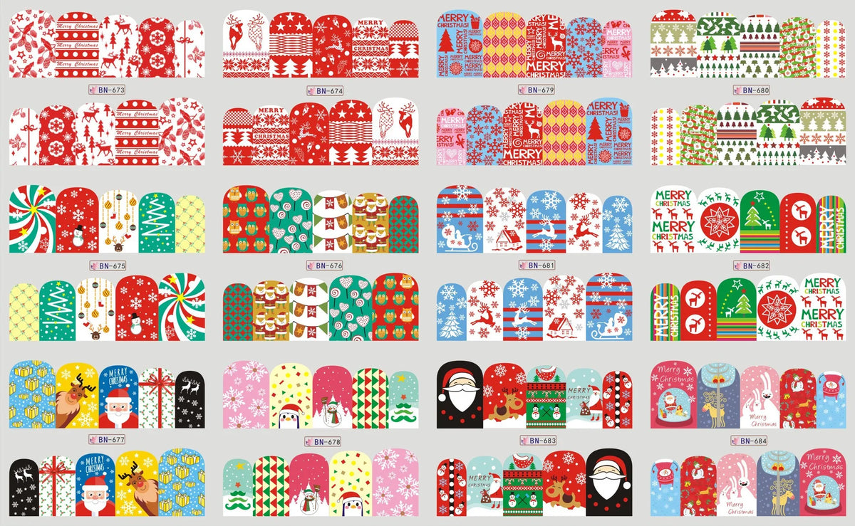 A collection of festive Christmas themed nail art stickers featuring various patterns, colors, and seasonal designs.