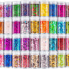 A collection of 36 colorful holographic glitter powders in various shades displayed in clear jars.