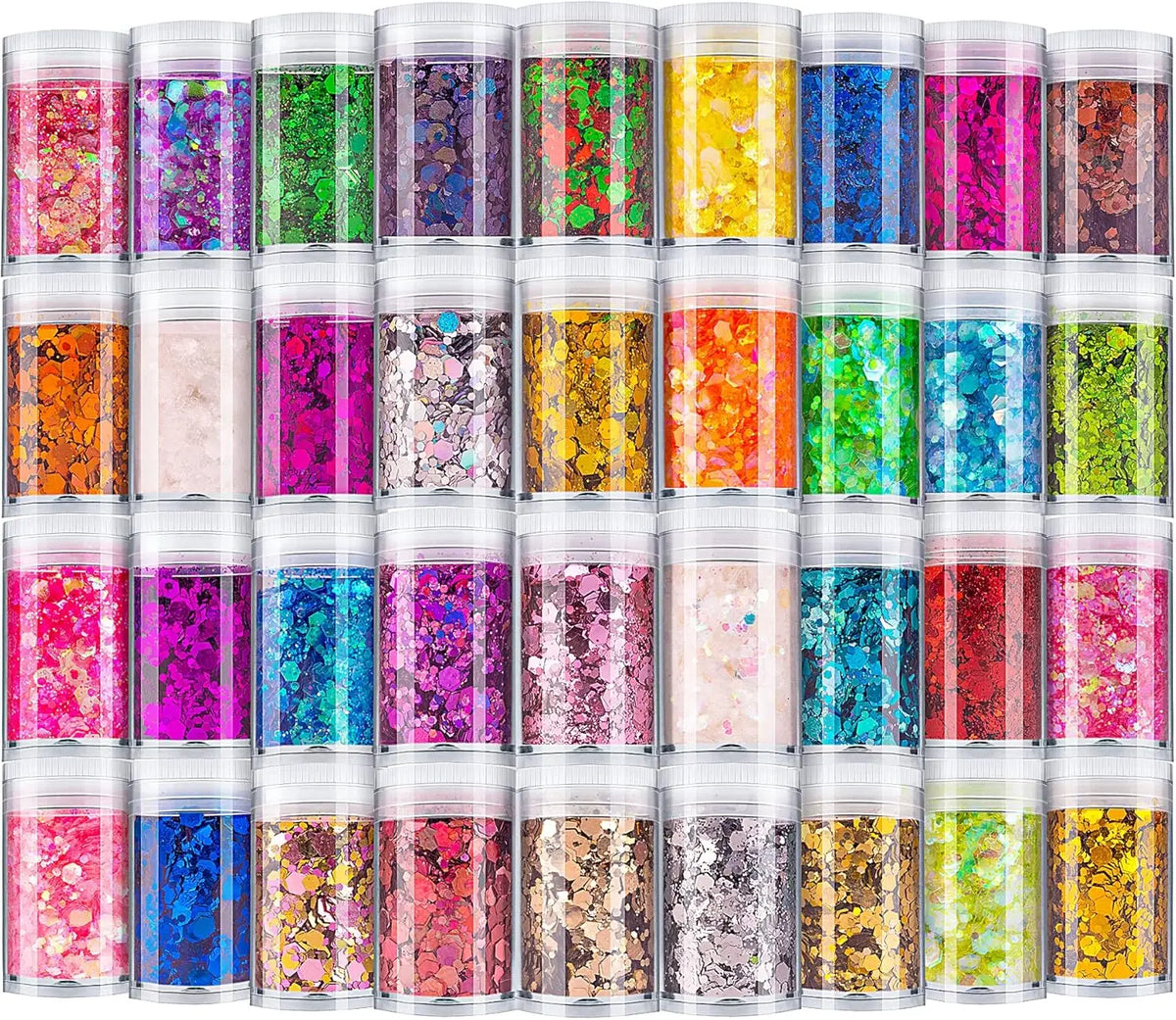 A collection of 36 colorful holographic glitter powders in various shades displayed in clear jars.
