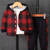 Toddler boys plaid print fleece-lined hooded two-piece set featuring a red and black tartan jacket and matching pants.