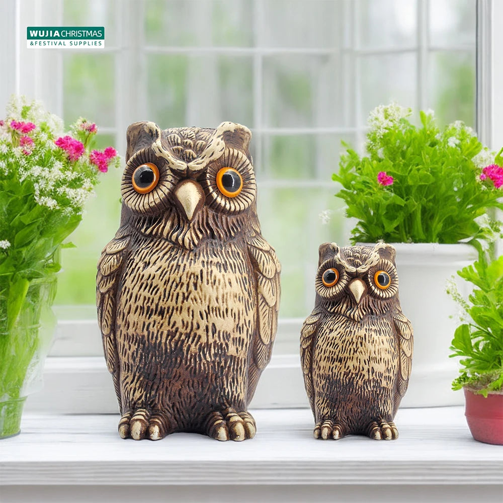 A realistic brown owl garden statue with large eyes sitting on a white windowsill surrounded by green plants.