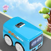 A blue Magic Mini bus toy with wheels and a remote control operation mode is shown outdoors.