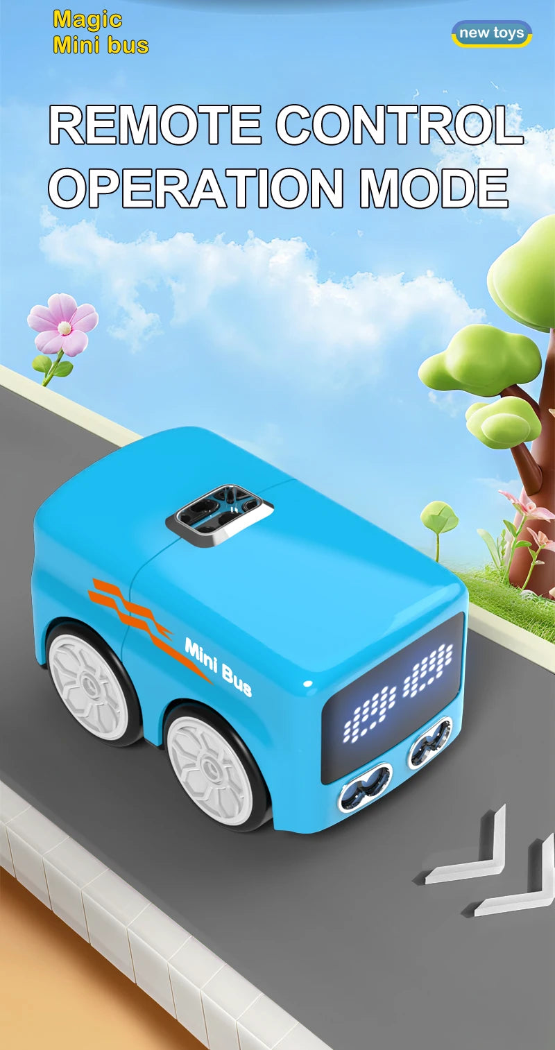 A blue Magic Mini bus toy with wheels and a remote control operation mode is shown outdoors.