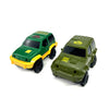 A green and yellow Jeep toy race car set with glowing LED features.