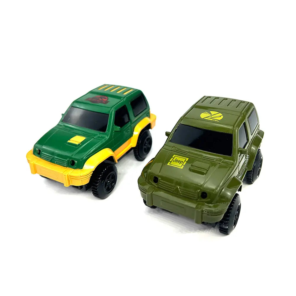A green and yellow Jeep toy race car set with glowing LED features.