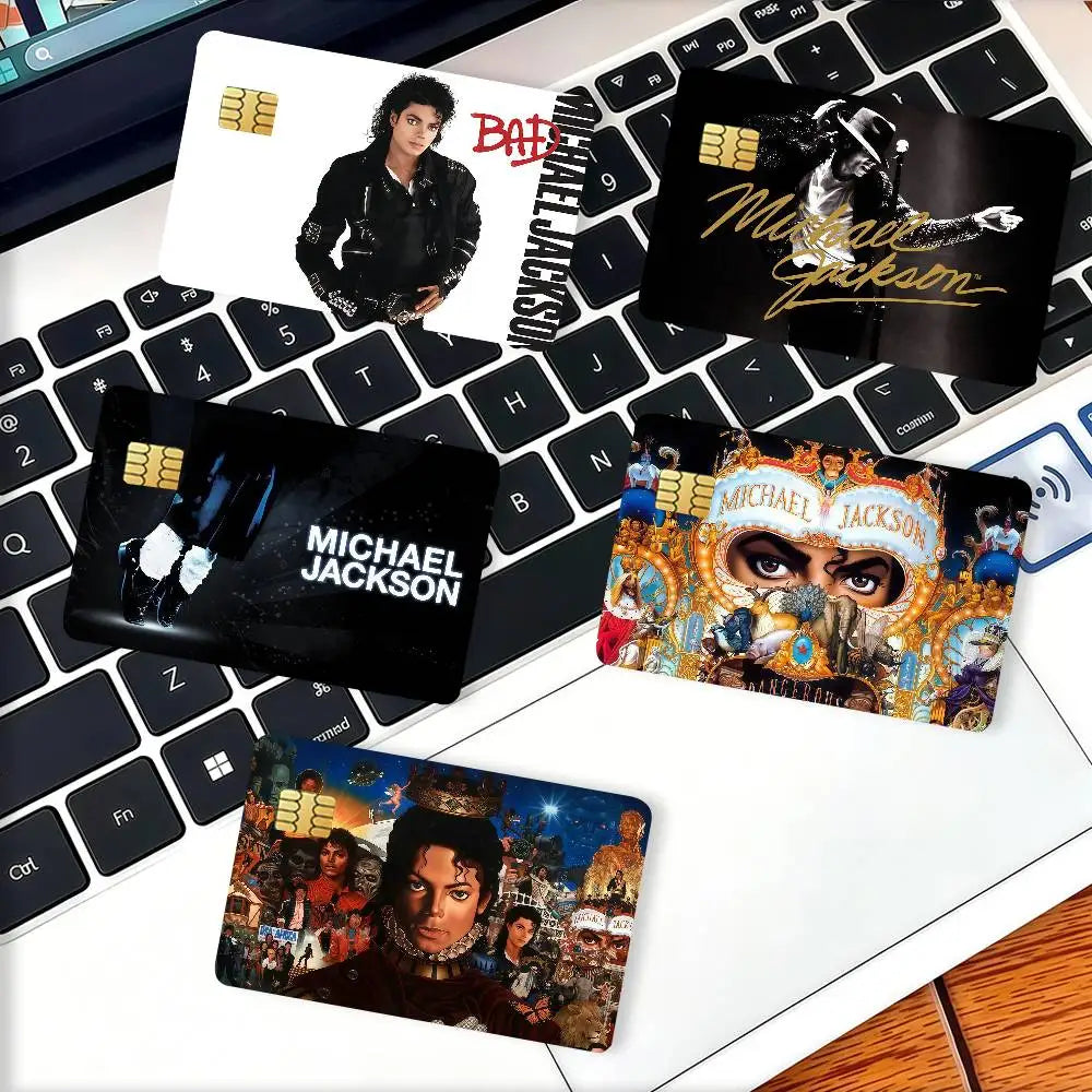 A set of decorative stickers featuring images of Michael Jackson and his music on credit cards.