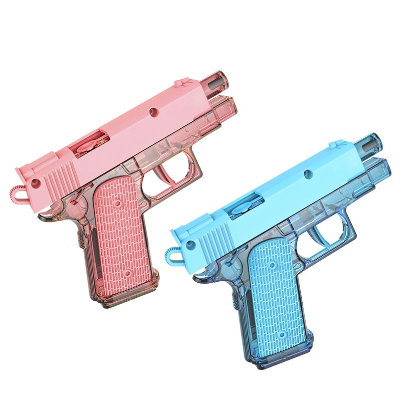 A pink and blue plastic pistol water gun toy for outdoor summer play